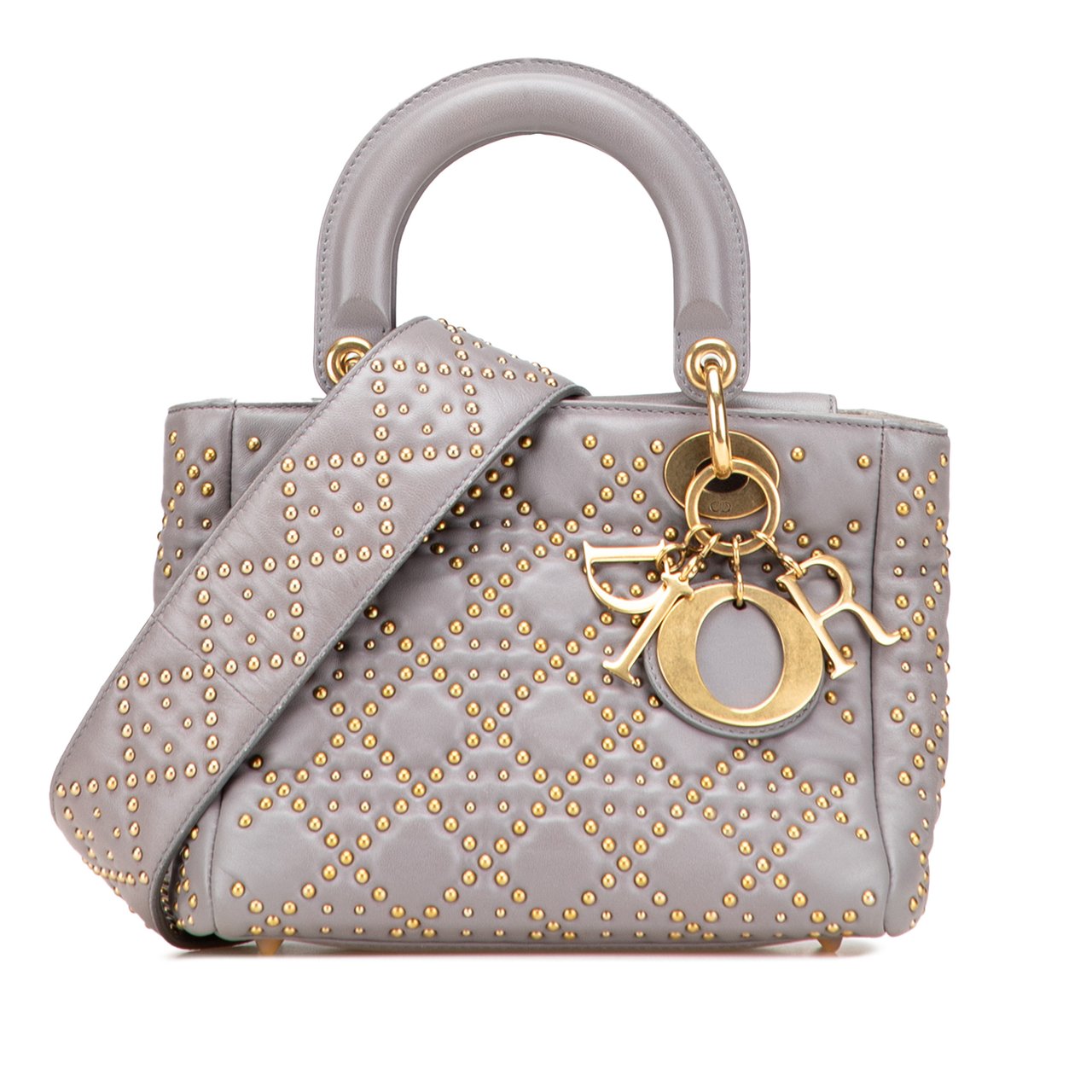 Dior Small Lambskin Cannage Studded Supple Lady Dior Grijs