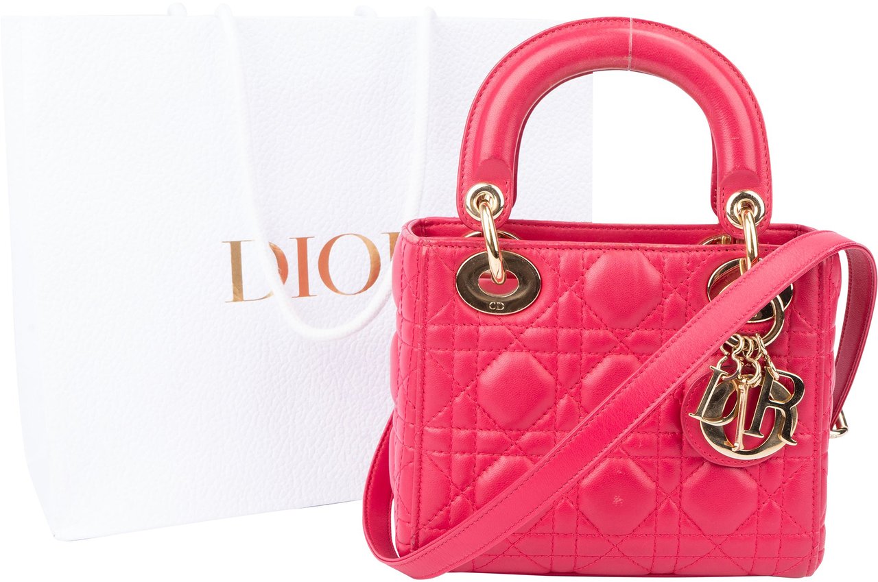 Dior Christian Dior Quilted Leather Mini Lady Dior Handbag Roze