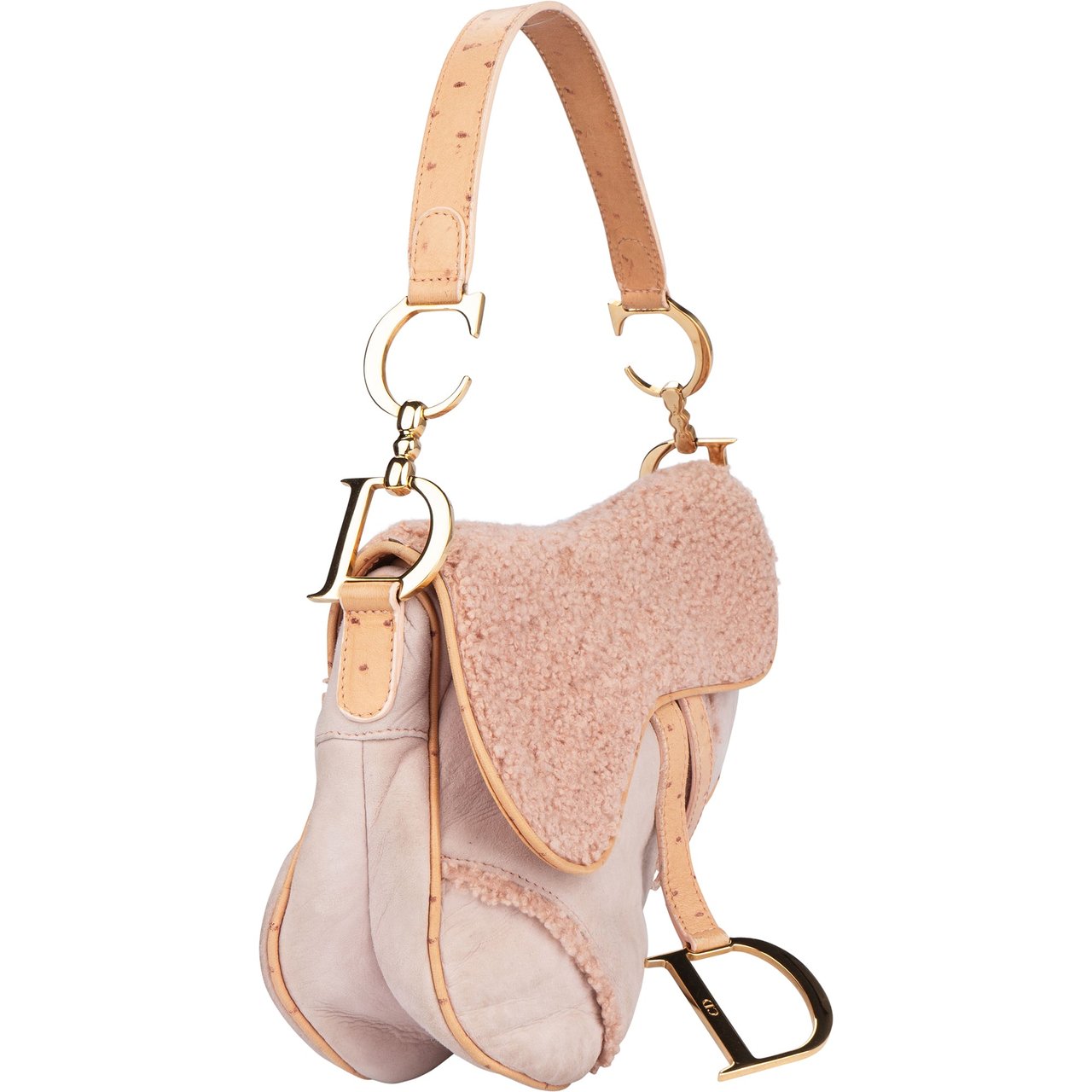 Dior Christian Dior Pink Shearling Ostrich Saddle Handbag Divers