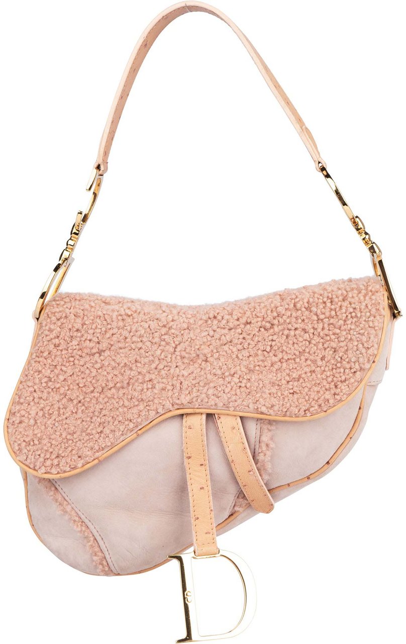 Dior Christian Dior Pink Shearling Ostrich Saddle Handbag Divers