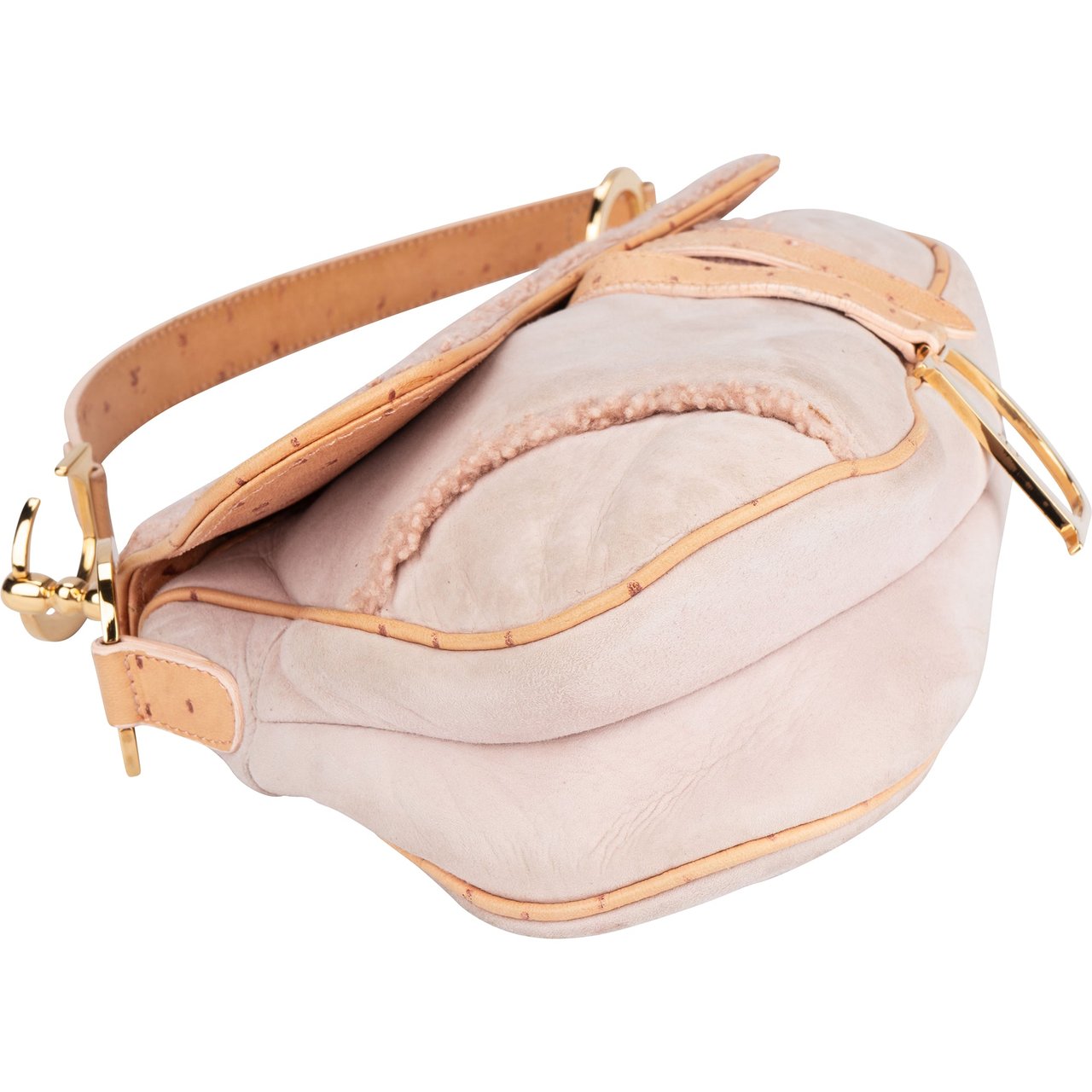 Dior Christian Dior Pink Shearling Ostrich Saddle Handbag Divers