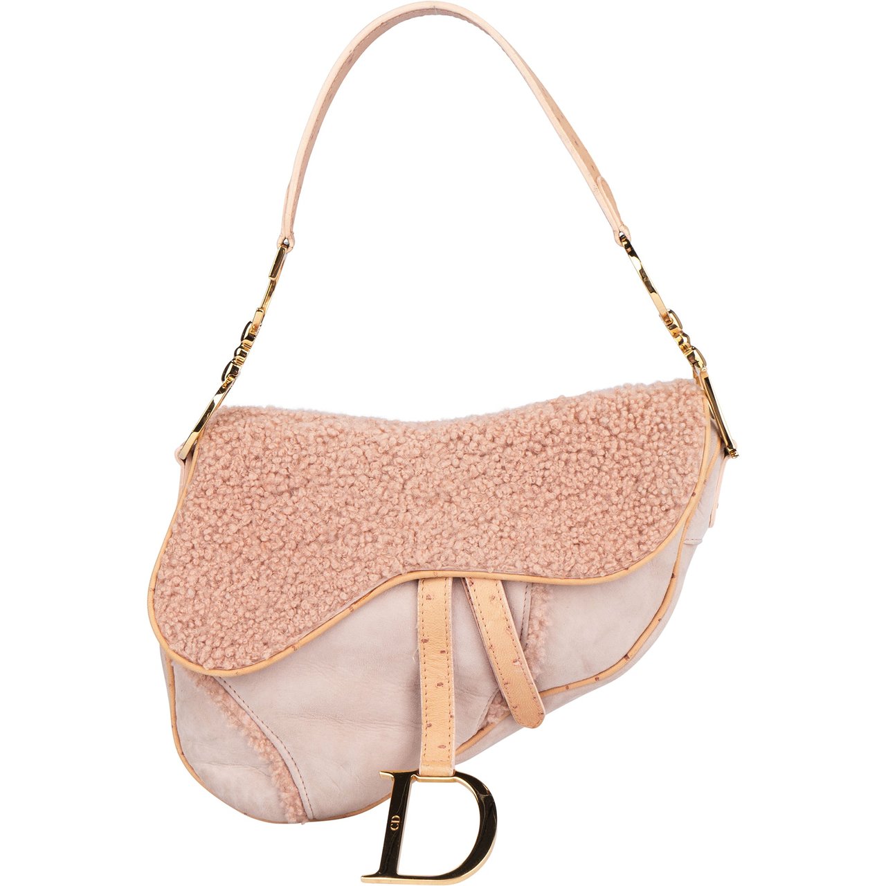 Dior Christian Dior Pink Shearling Ostrich Saddle Handbag Divers