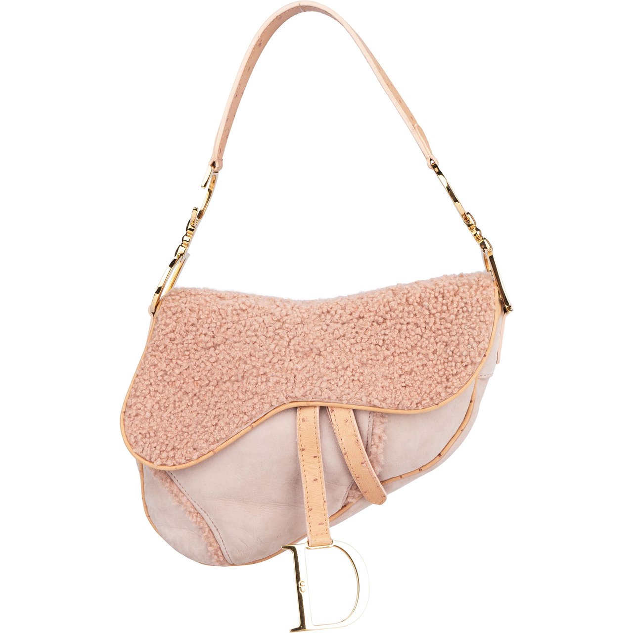 Dior Christian Dior Pink Shearling Ostrich Saddle Handbag Divers