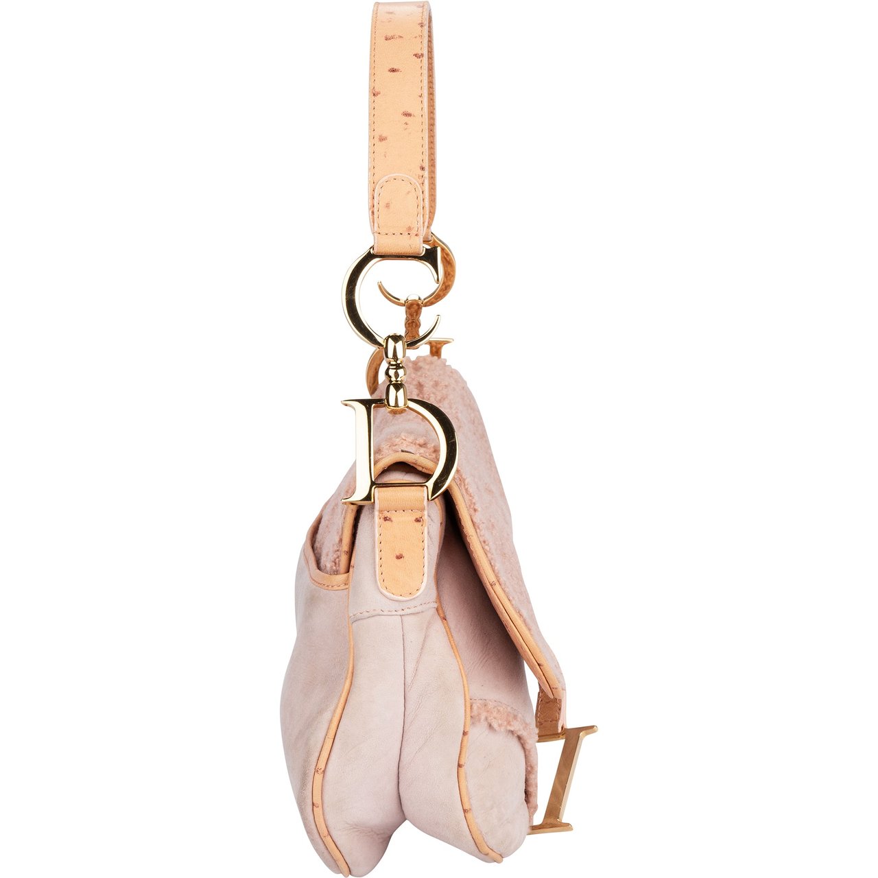 Dior Christian Dior Pink Shearling Ostrich Saddle Handbag Divers
