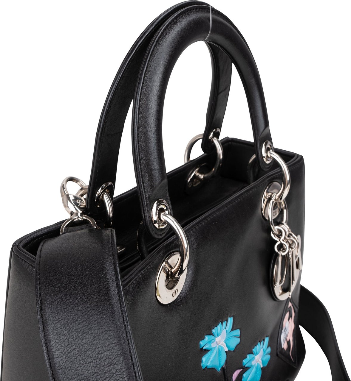 Dior Christian Dior Black Leather Patch Embellished Lady Dior Handbag Zwart