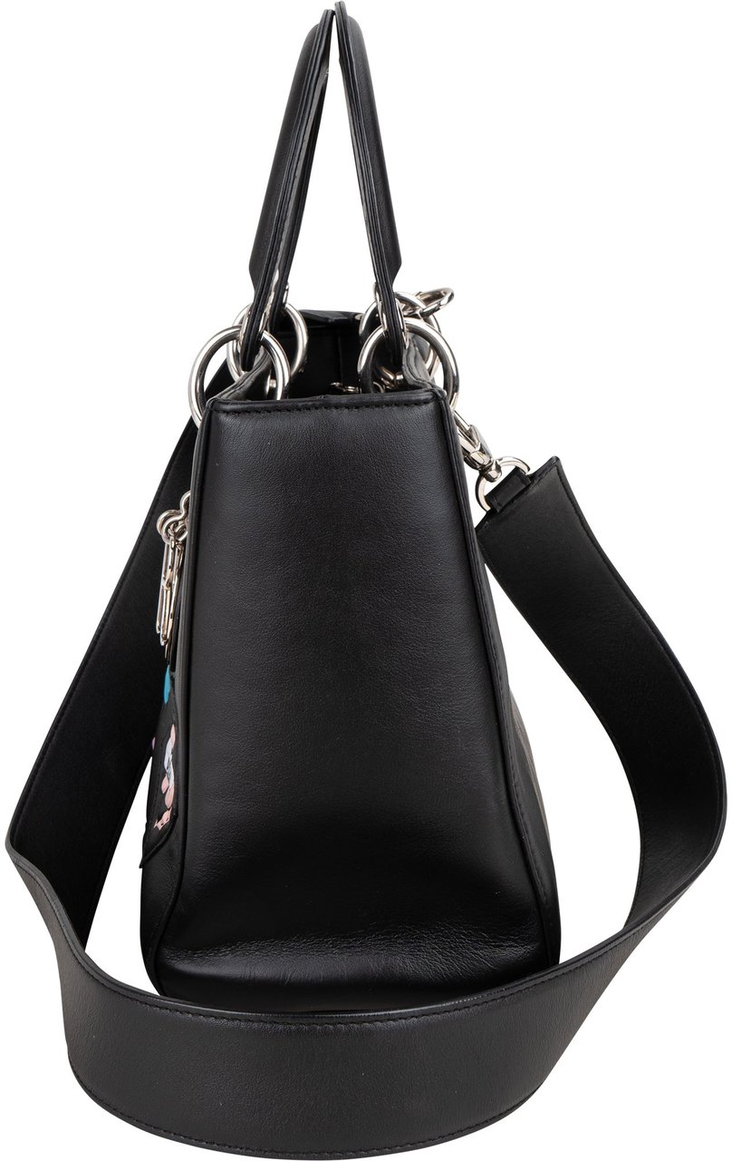 Dior Christian Dior Black Leather Patch Embellished Lady Dior Handbag Zwart