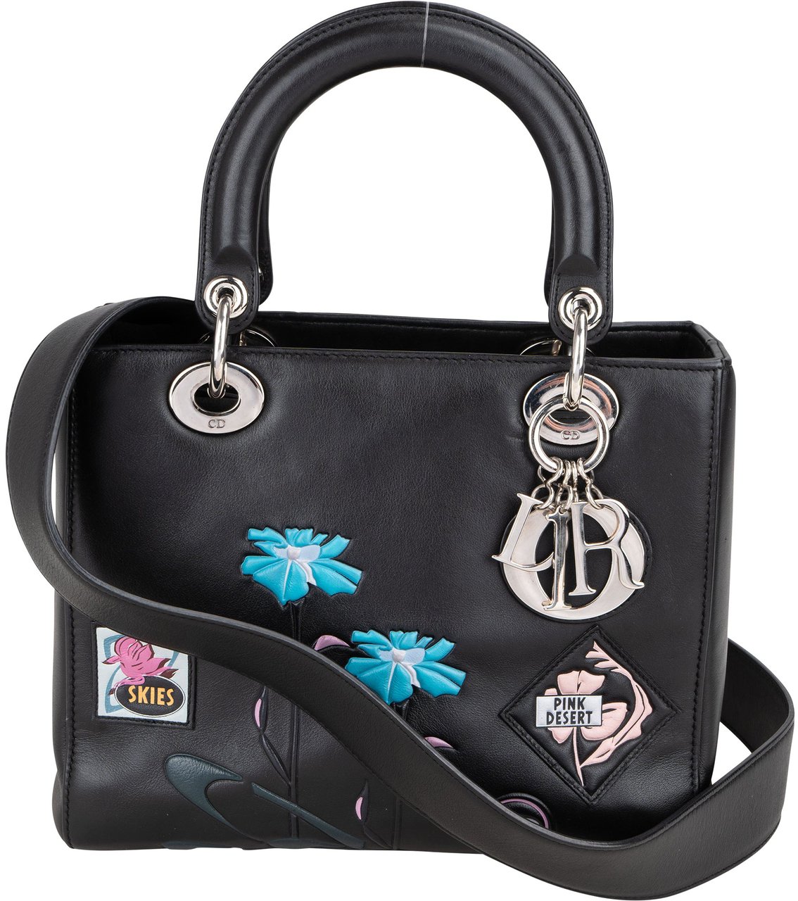 Dior Christian Dior Black Leather Patch Embellished Lady Dior Handbag Zwart