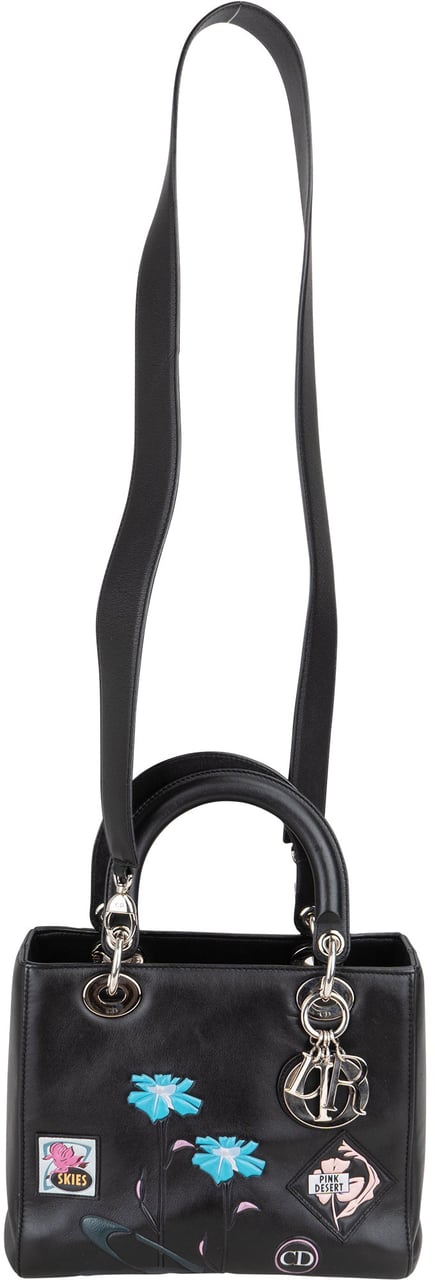 Dior Christian Dior Black Leather Patch Embellished Lady Dior Handbag Zwart