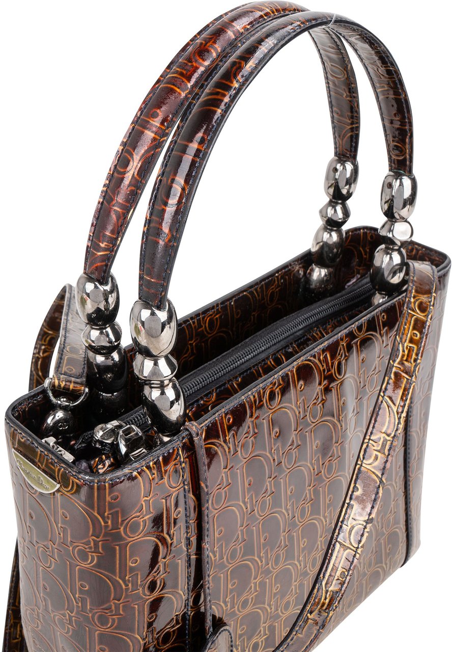 Dior Christian Dior Patent Leather Oblique Monogram Maris Handbag Bruin
