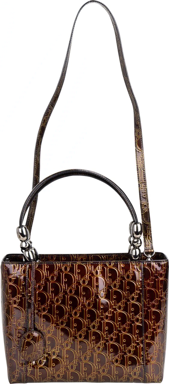 Dior Christian Dior Patent Leather Oblique Monogram Maris Handbag Bruin