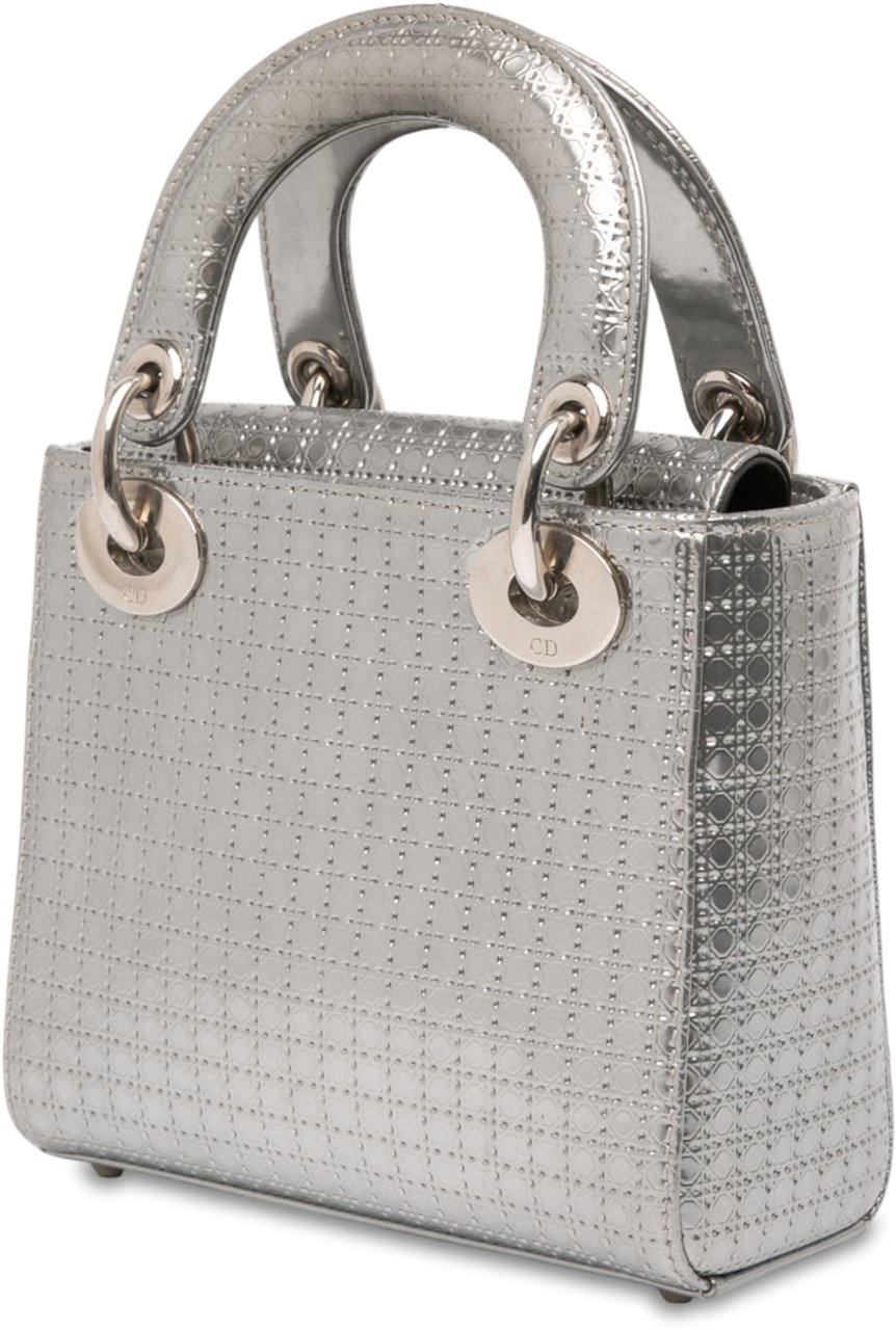 Dior Mini Metallic Patent Microcannage Lady Dior Zilver