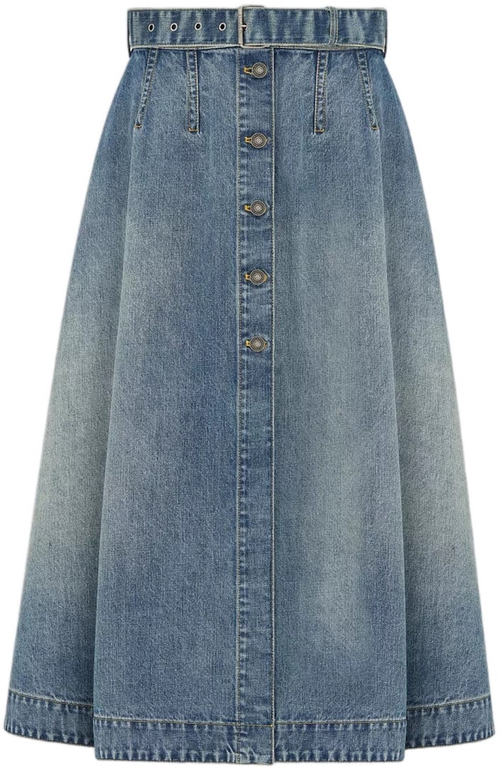 Dior Flared Denim Button-Down Midi Skirt Grijs
