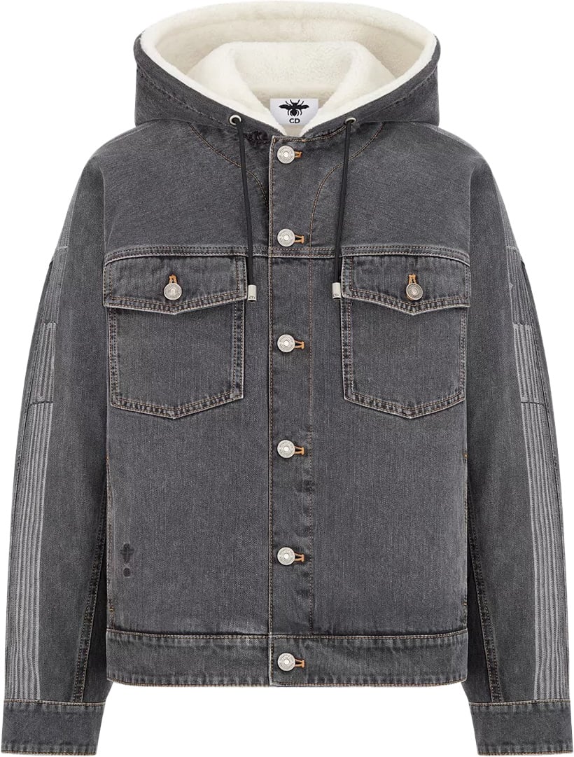 Dior Washed Black Denim Hooded Vertical Stitch Jacket Grijs