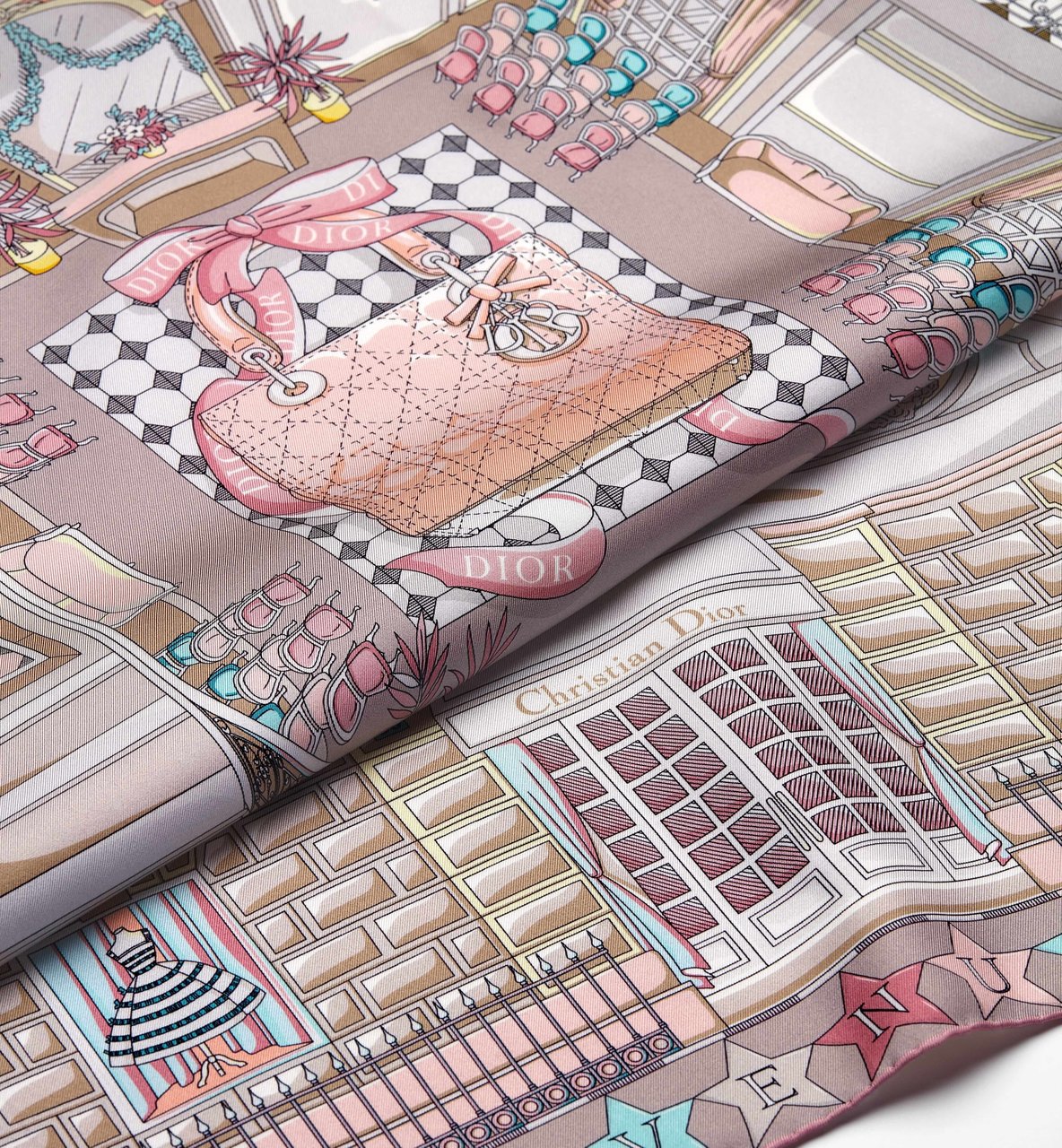 Dior Intricate Boutique Interior Scarf With Whimsical Illustration Roze