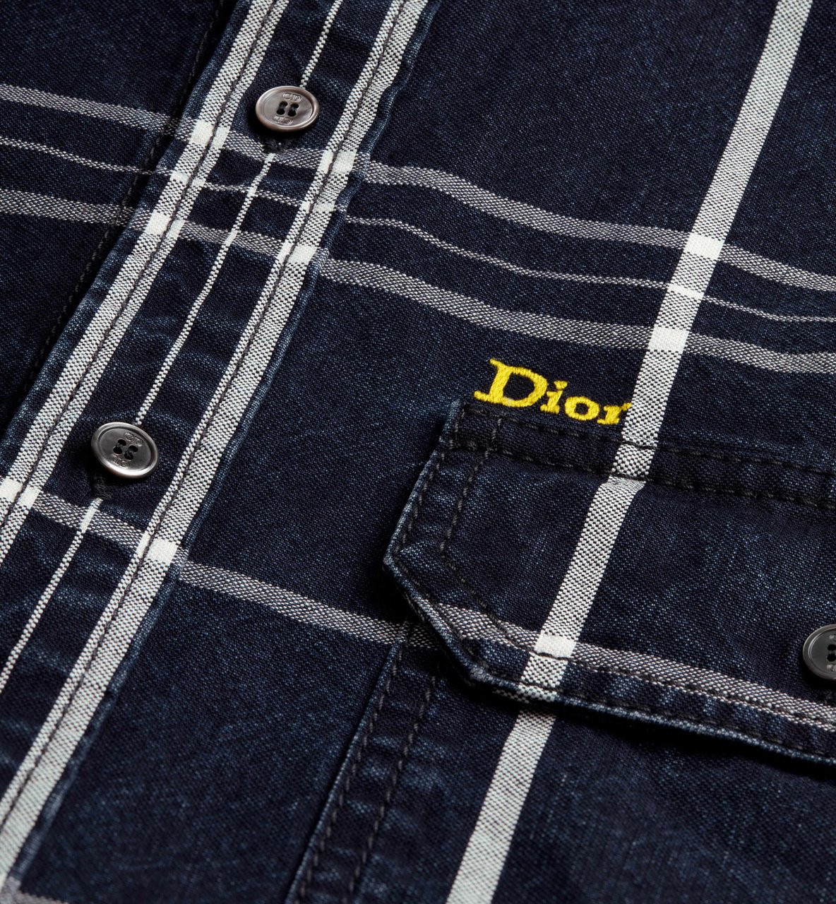 Dior Long-Sleeve Dark Blue Plaid Shirt With Frayed Hem Zwart
