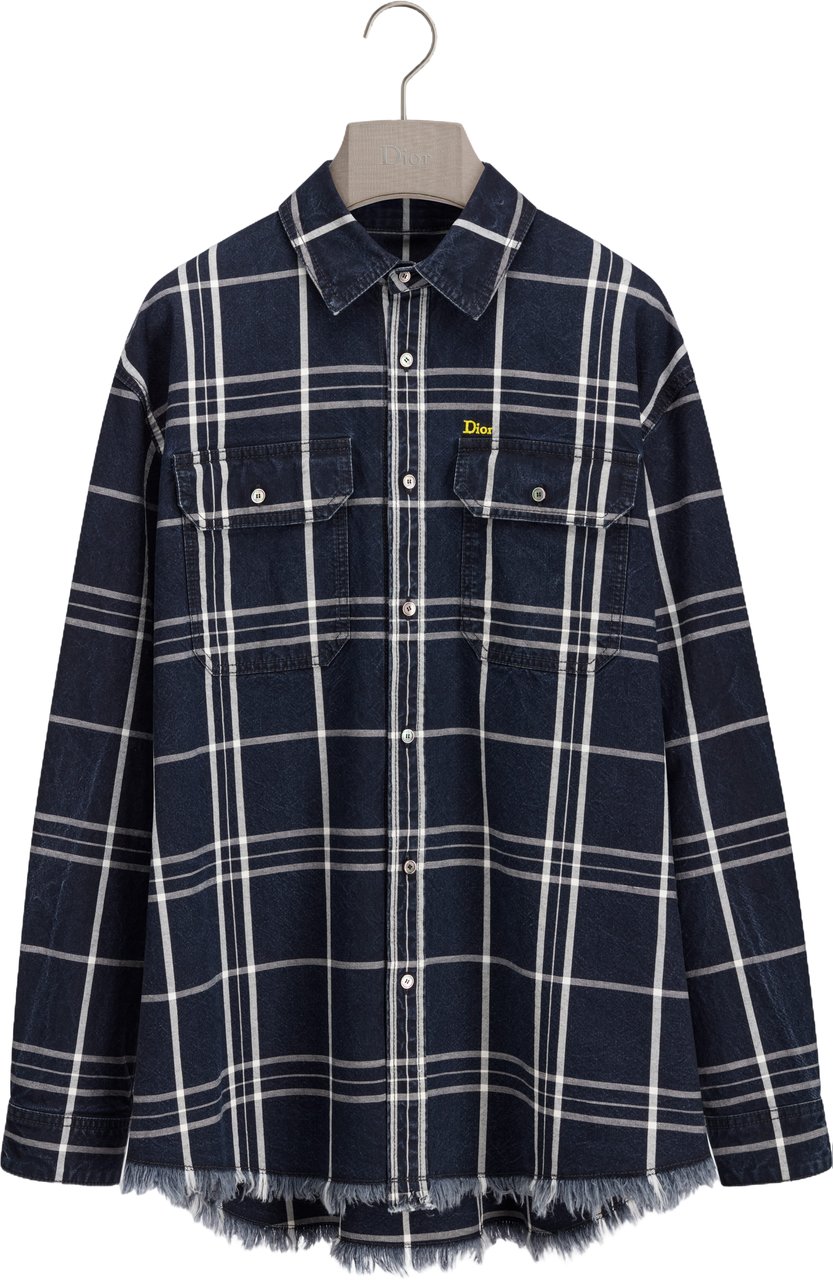 Dior Long-Sleeve Dark Blue Plaid Shirt With Frayed Hem Zwart