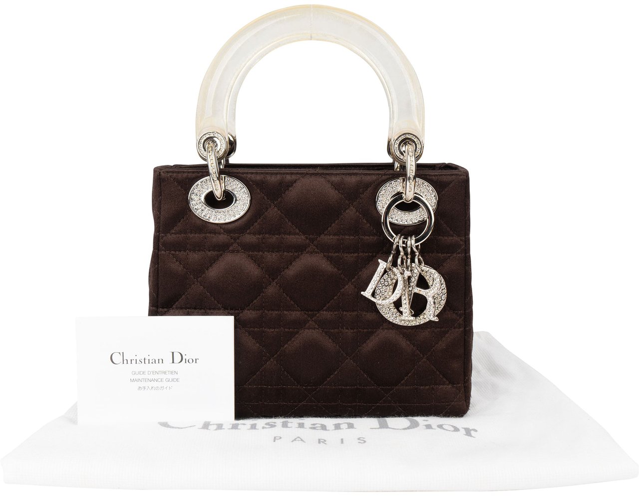 Dior Christian Dior Limited Quilted Satin Crystal Lady Dior Handbag Bruin