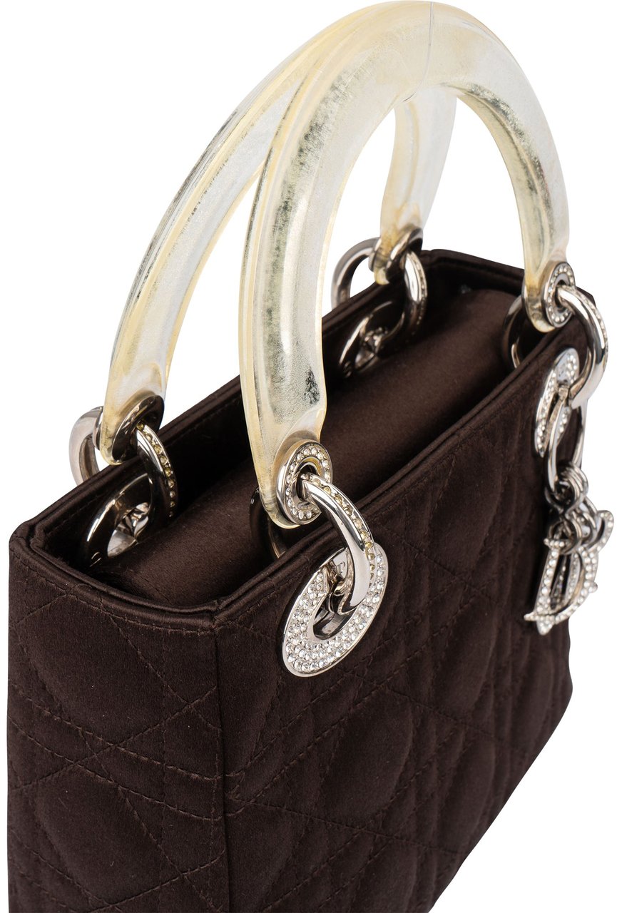 Dior Christian Dior Limited Quilted Satin Crystal Lady Dior Handbag Bruin