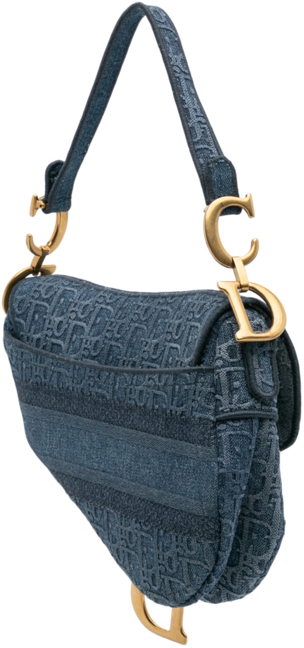 Dior Oblique Embroidered Denim Saddle Bag Blauw