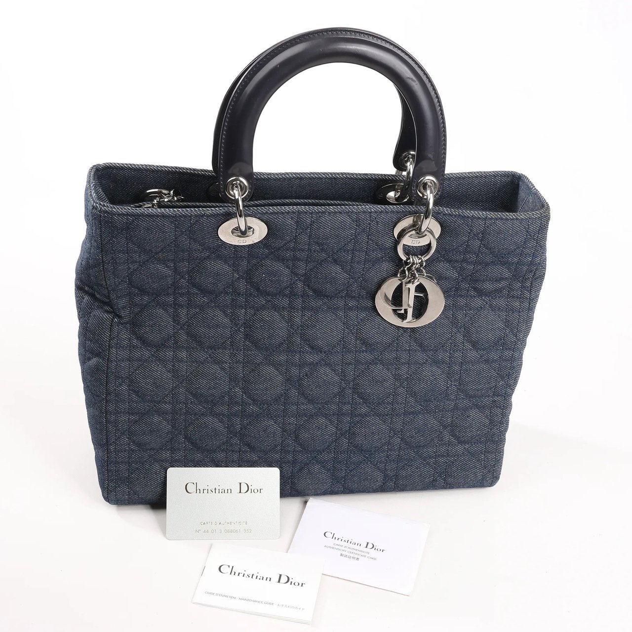 Dior Dior Lady Dior Dennim x Leather Cannage Large Handbag in Navy Blue Navy