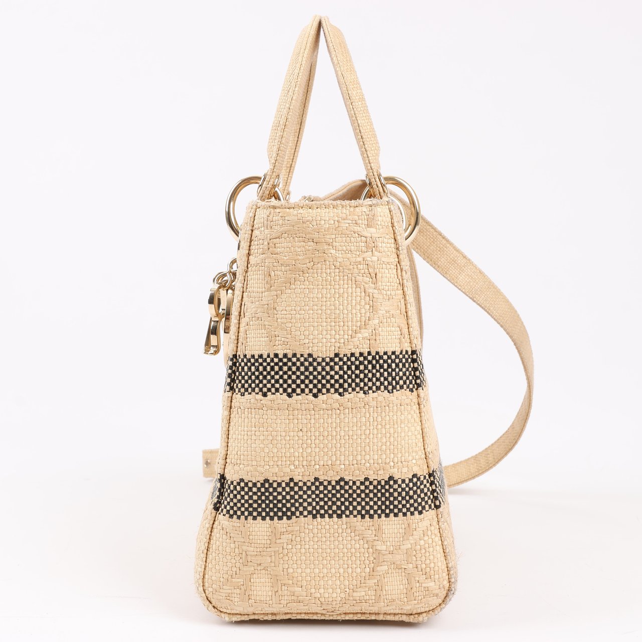 Dior Dior Lady D-Lite Raffia Woven Cannage Embroidered Medium 2Way Handbag in Beige Beige