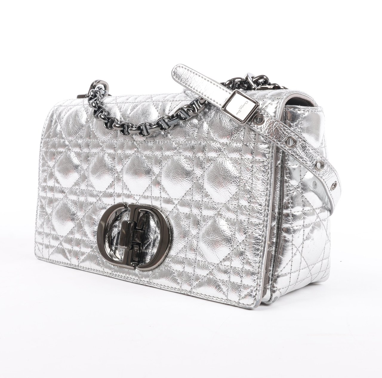 Dior Dior Caro Leather Chain Shoulder Bag in Metallic Silver Zilver
