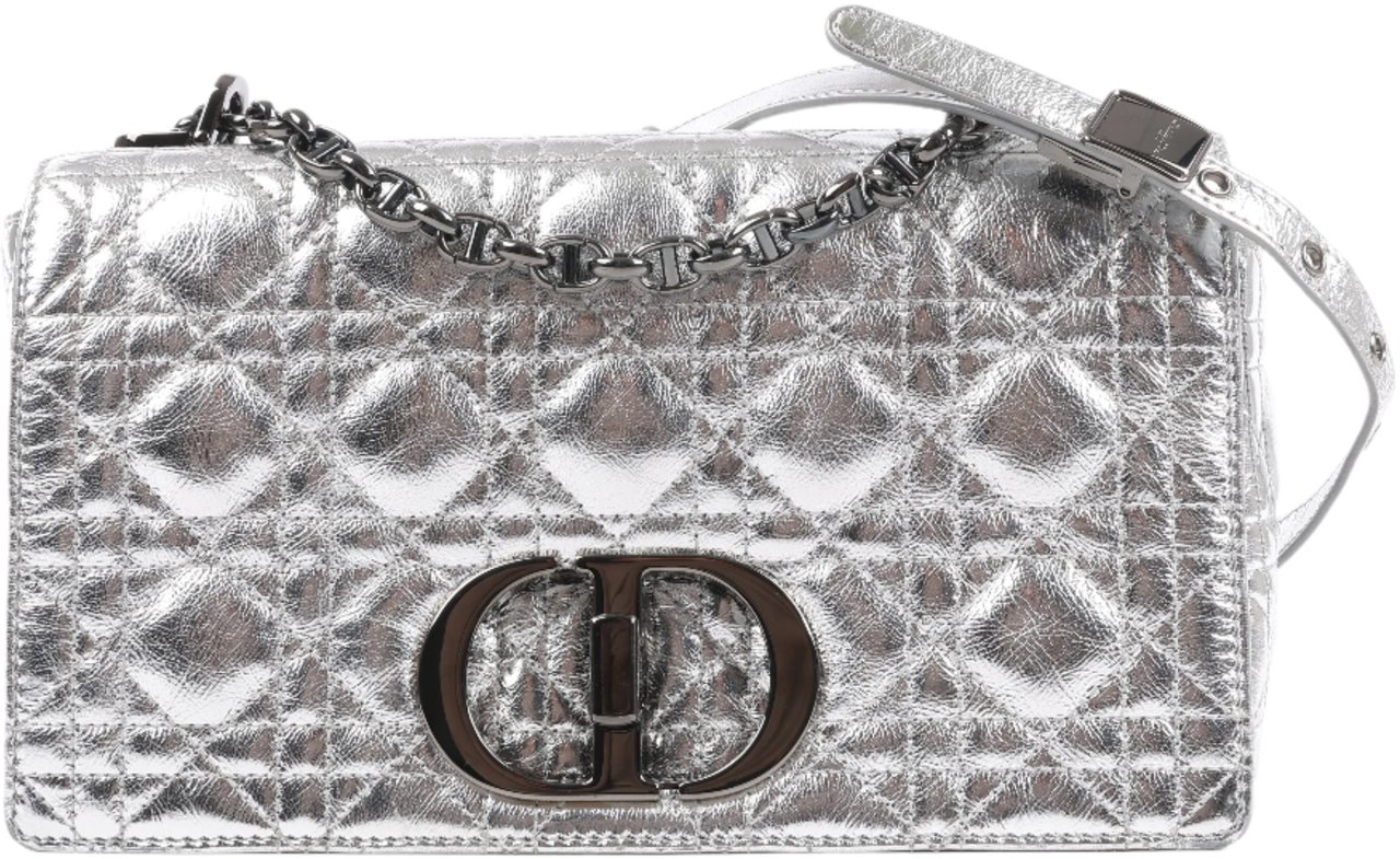 Dior Dior Caro Leather Chain Shoulder Bag in Metallic Silver Zilver