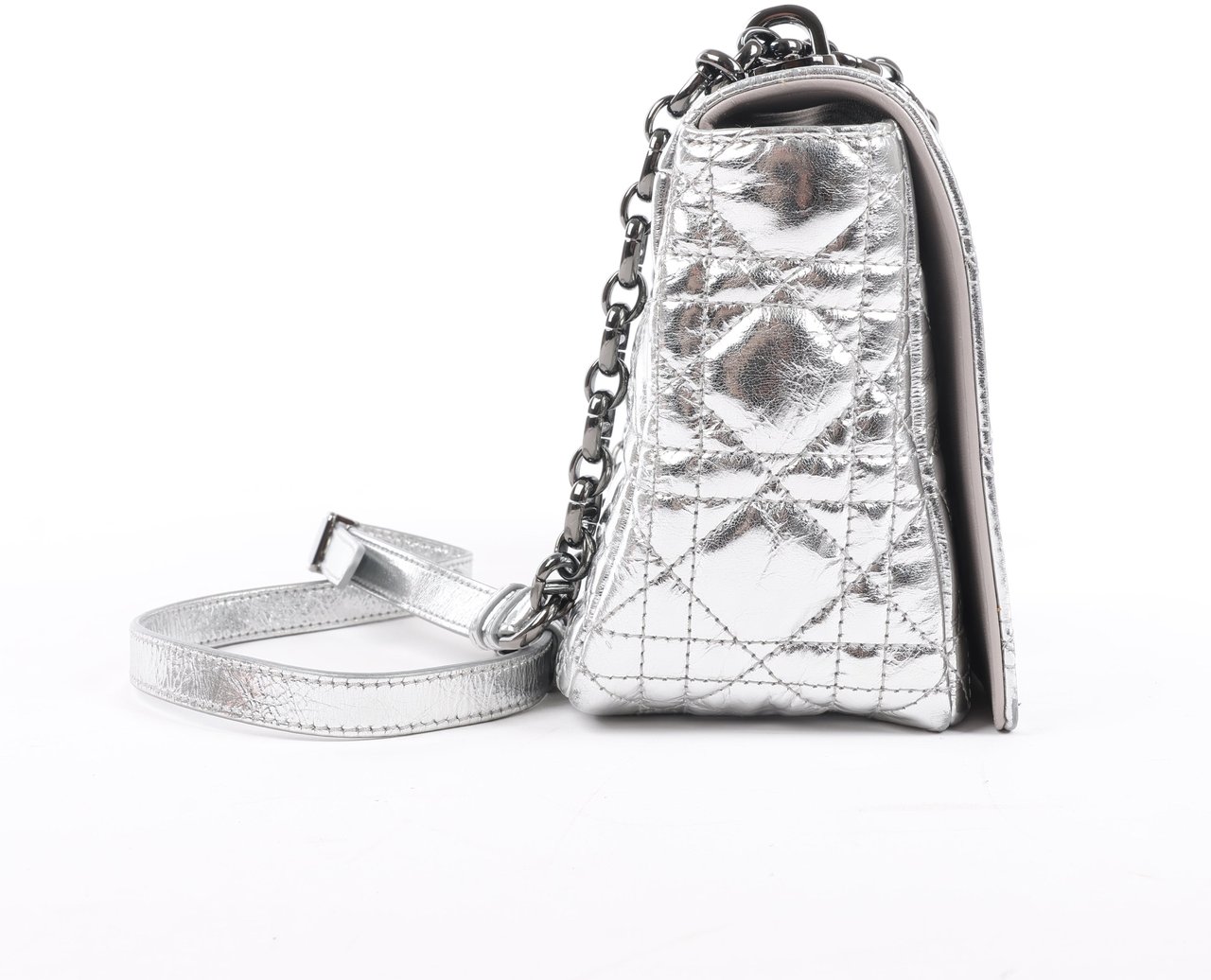 Dior Dior Caro Leather Chain Shoulder Bag in Metallic Silver Zilver