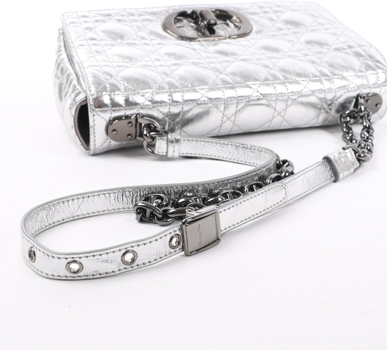 Dior Dior Caro Leather Chain Shoulder Bag in Metallic Silver Zilver