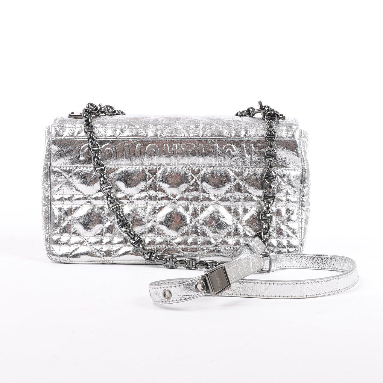 Dior Dior Caro Leather Chain Shoulder Bag in Metallic Silver Zilver