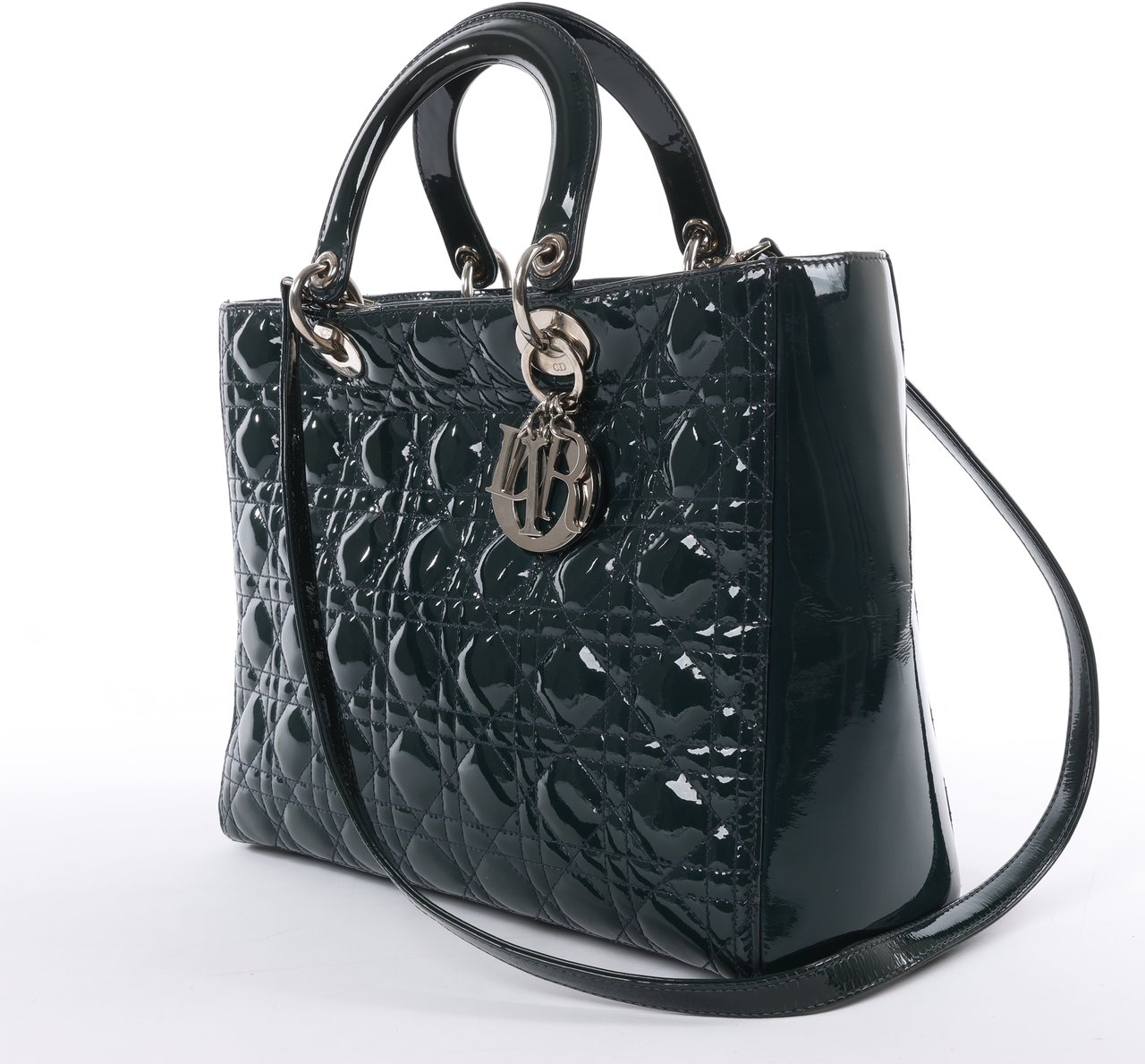 Dior Dior Lady Dior Large Cannage Patent Leather 2Way Handbag in Green Groen