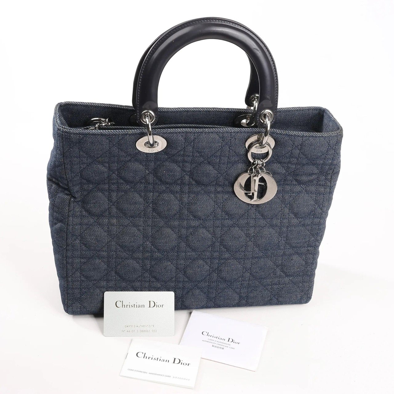 Dior Dior Lady Dior Dennim x Leather Cannage Large Handbag in Navy Blue Navy