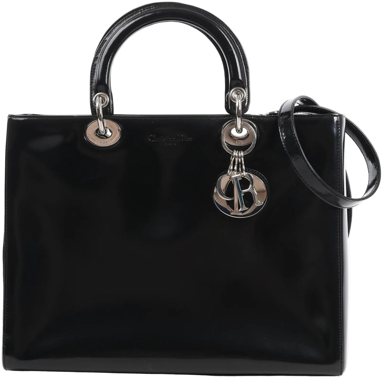 Dior Dior Lady Dior Large Patent Leather 2Way Handbag in Black Zwart