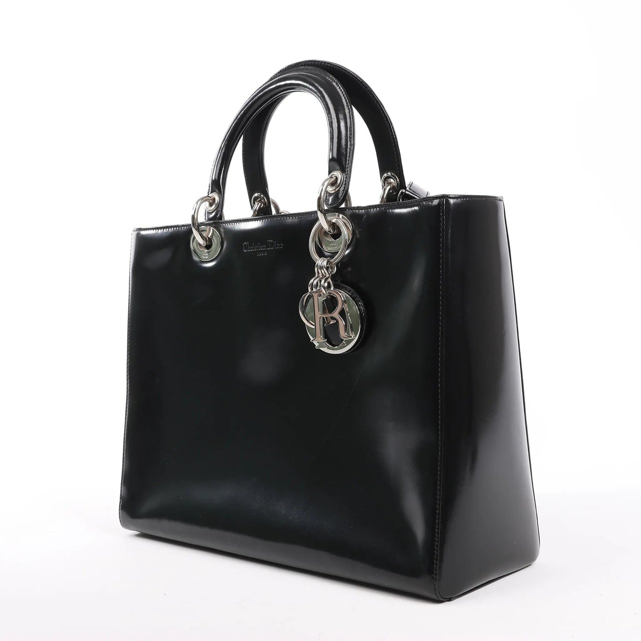 Dior Dior Lady Dior Large Patent Leather 2Way Handbag in Black Zwart