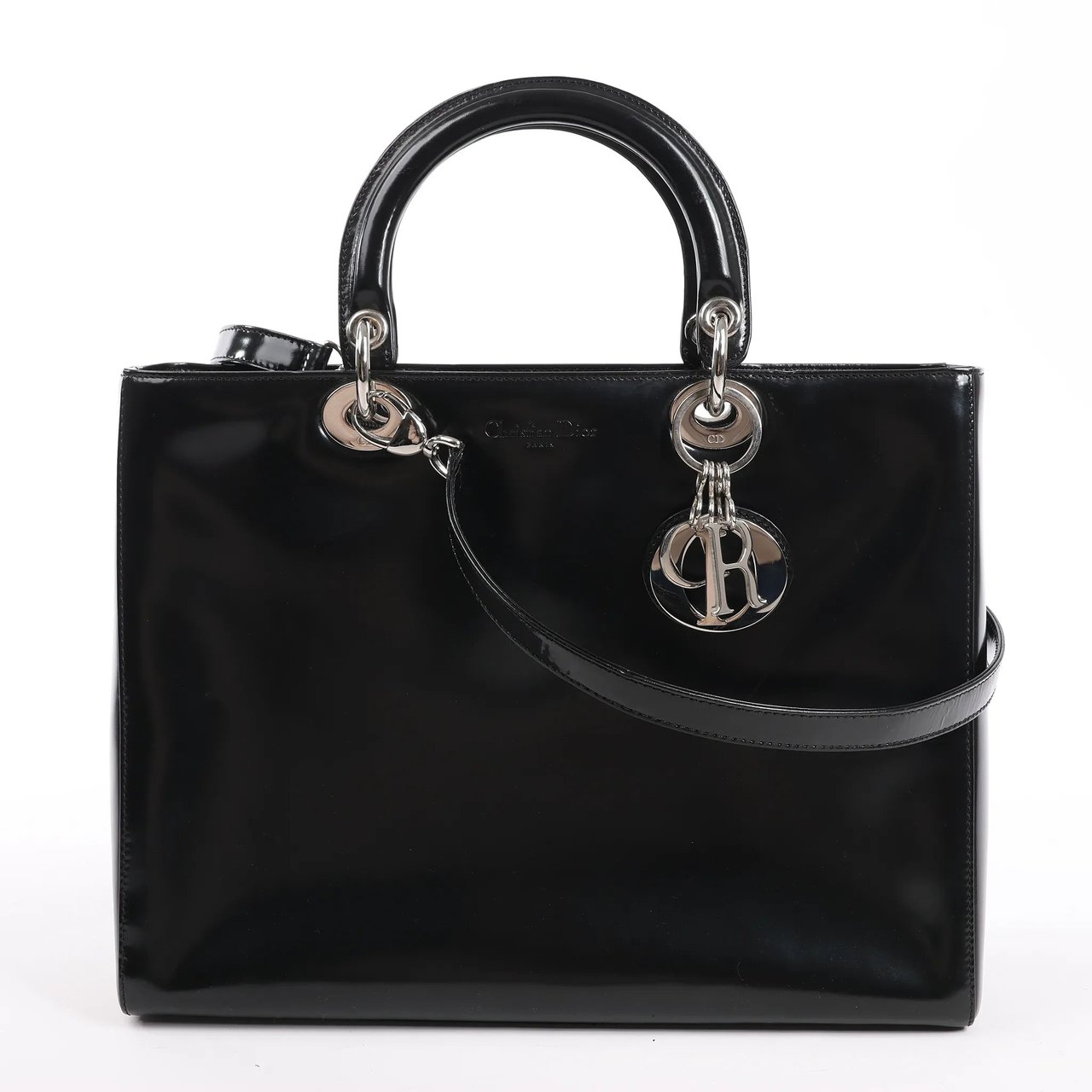 Dior Dior Lady Dior Large Patent Leather 2Way Handbag in Black Zwart