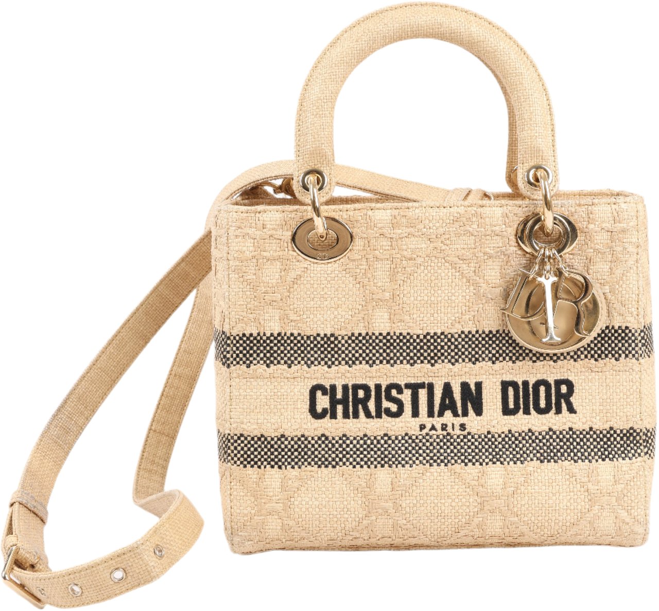 Dior Dior Lady D-Lite Raffia Woven Cannage Embroidered Medium 2Way Handbag in Beige Beige