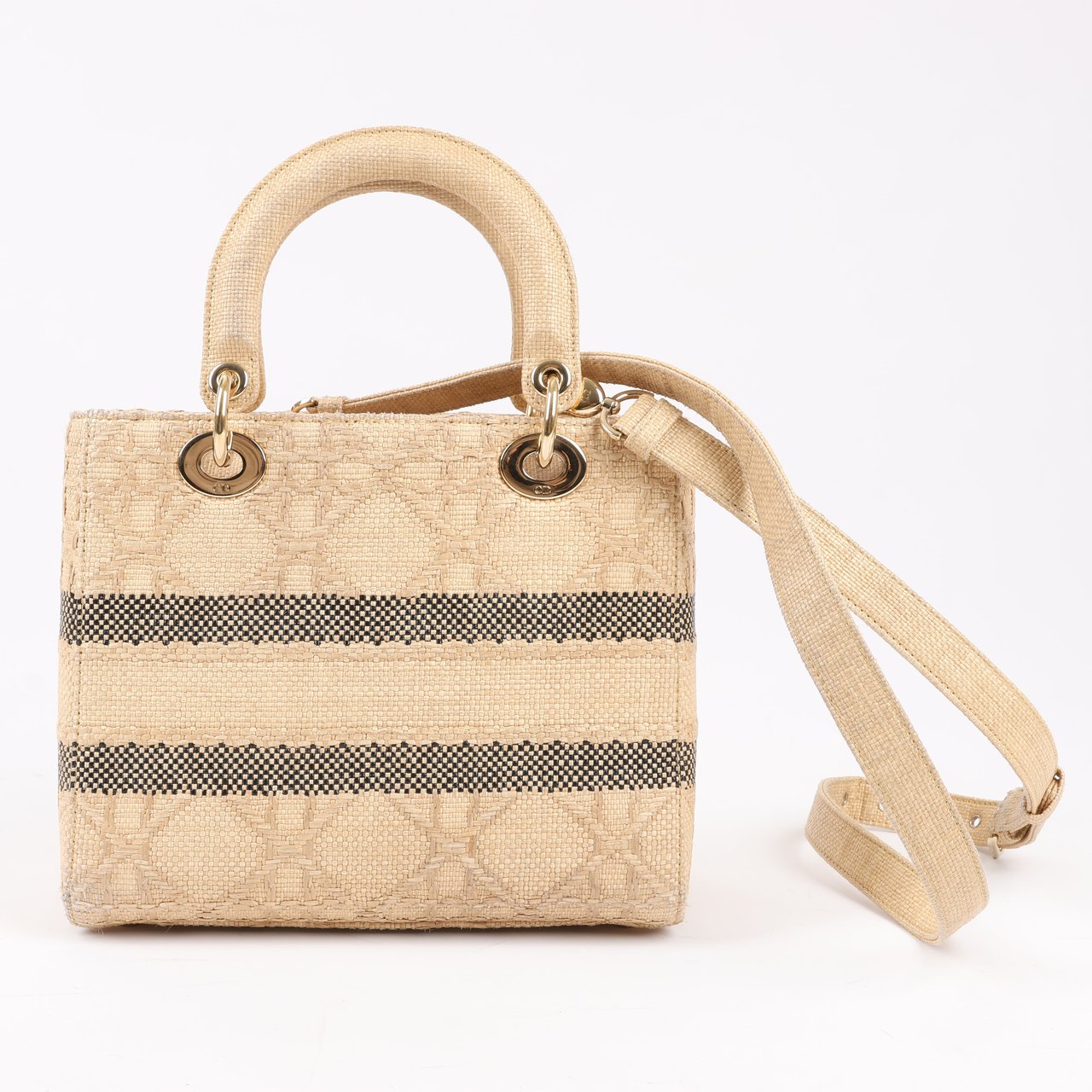 Dior Dior Lady D-Lite Raffia Woven Cannage Embroidered Medium 2Way Handbag in Beige Beige