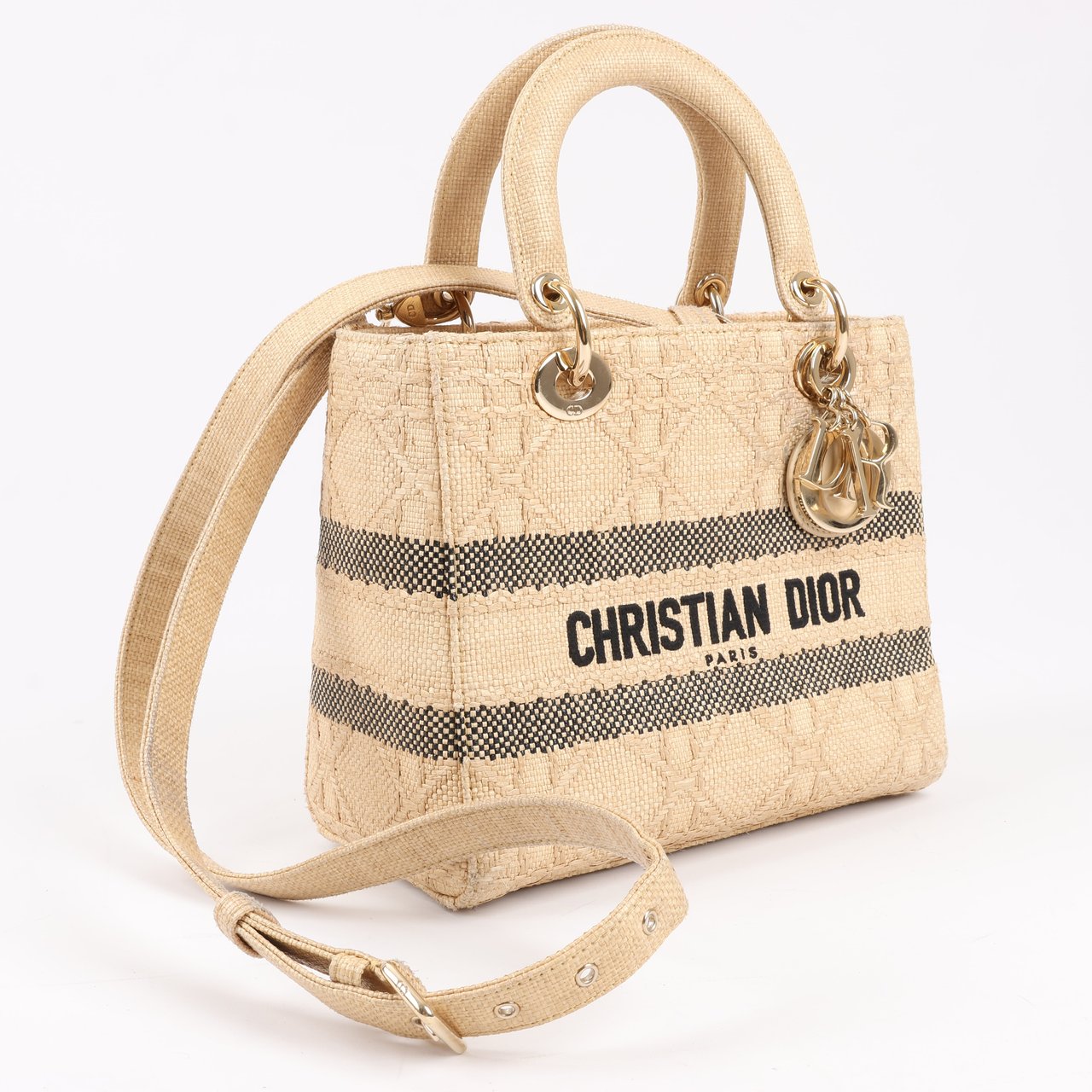 Dior Dior Lady D-Lite Raffia Woven Cannage Embroidered Medium 2Way Handbag in Beige Beige