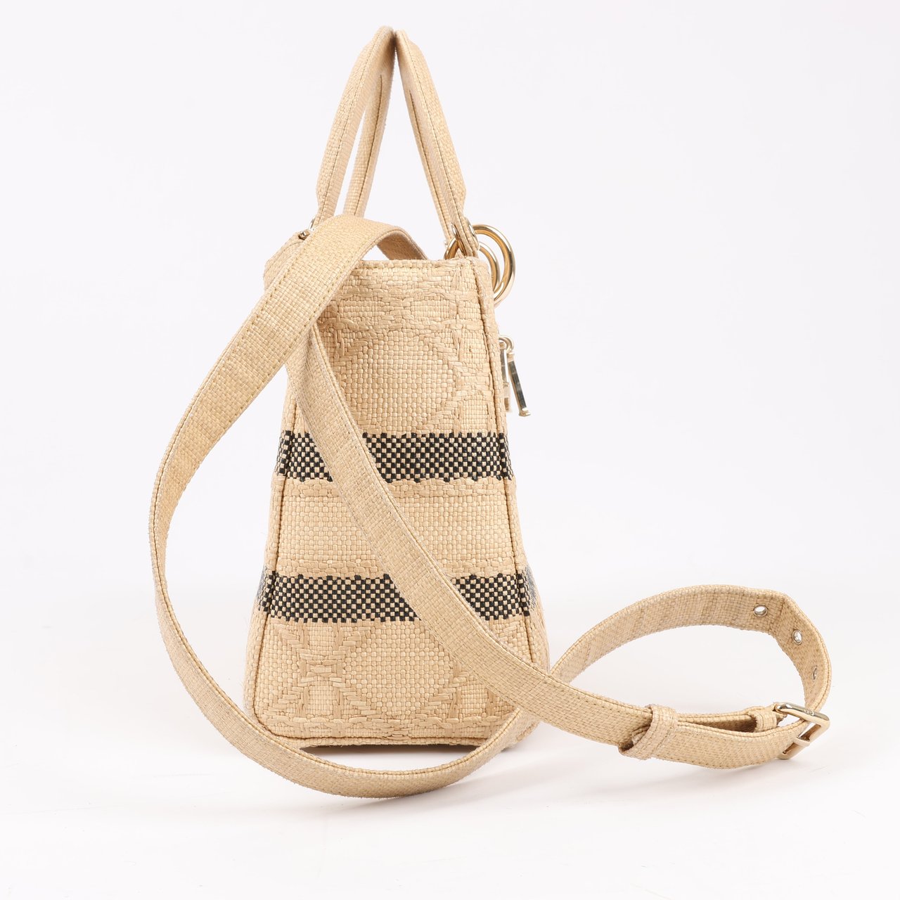 Dior Dior Lady D-Lite Raffia Woven Cannage Embroidered Medium 2Way Handbag in Beige Beige