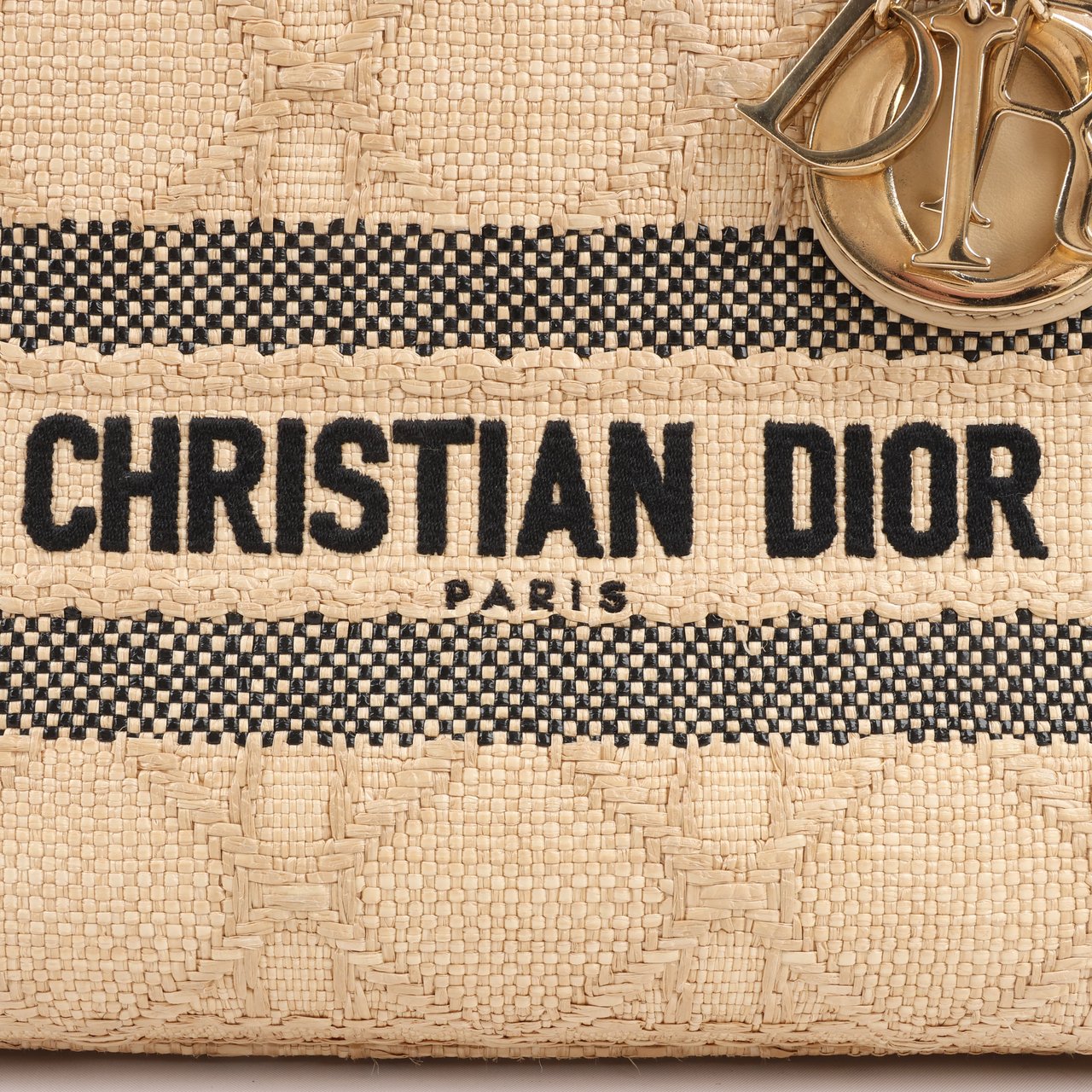 Dior Dior Lady D-Lite Raffia Woven Cannage Embroidered Medium 2Way Handbag in Beige Beige