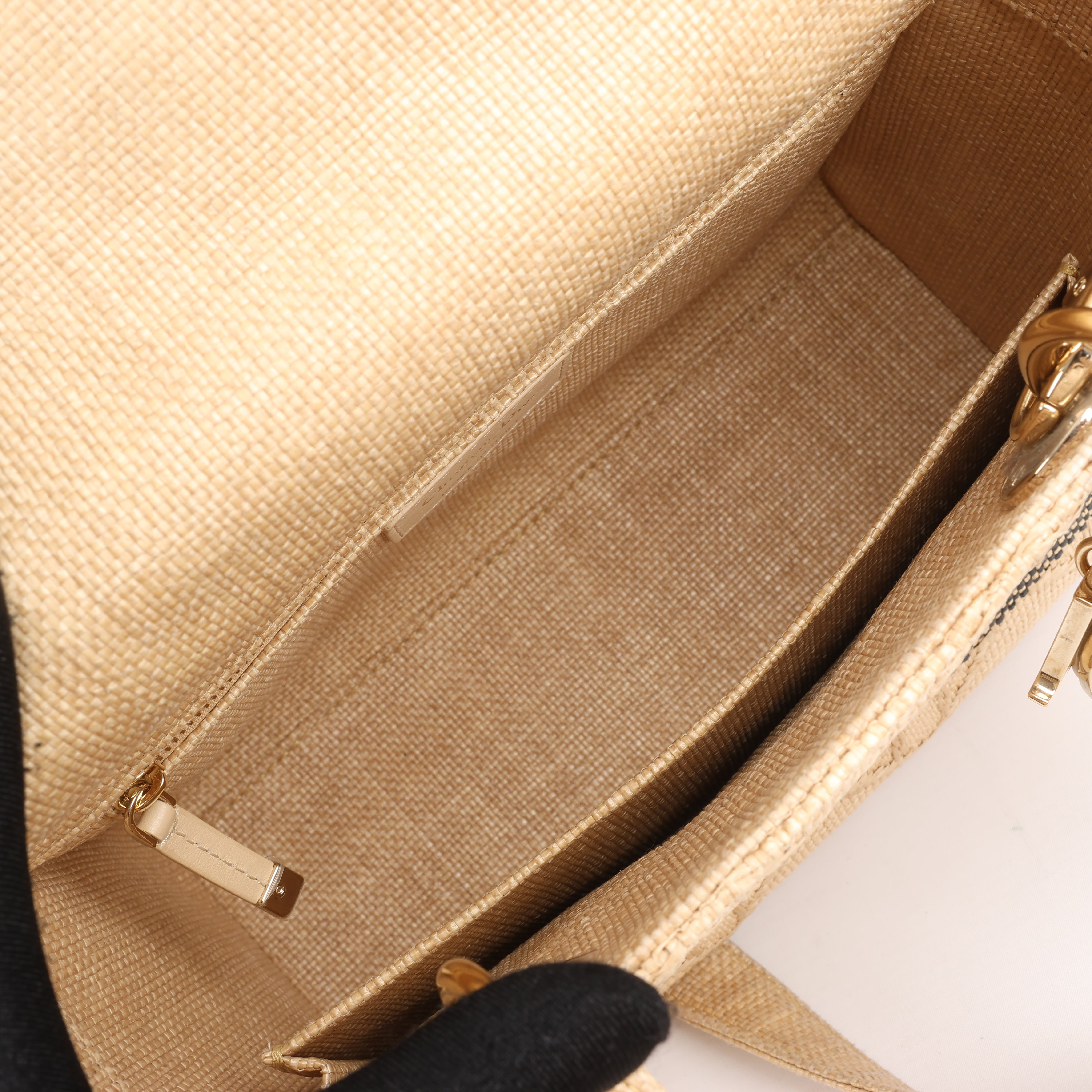 Dior Dior Lady D-Lite Raffia Woven Cannage Embroidered Medium 2Way Handbag in Beige Beige