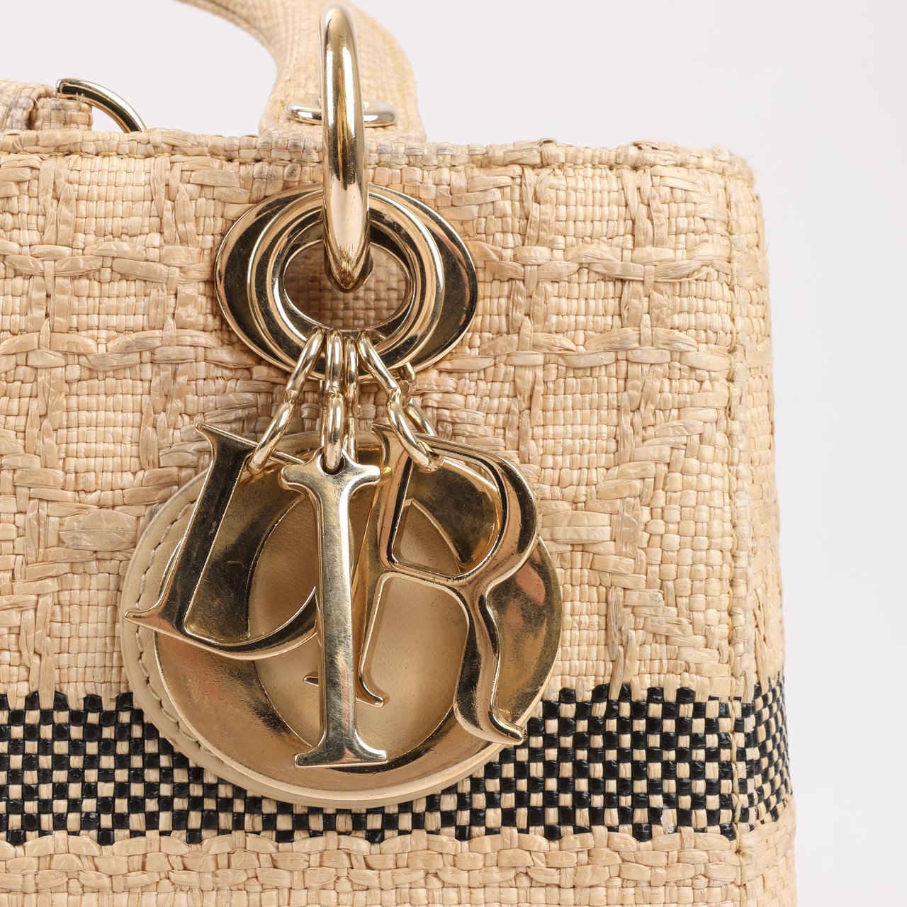 Dior Dior Lady D-Lite Raffia Woven Cannage Embroidered Medium 2Way Handbag in Beige Beige