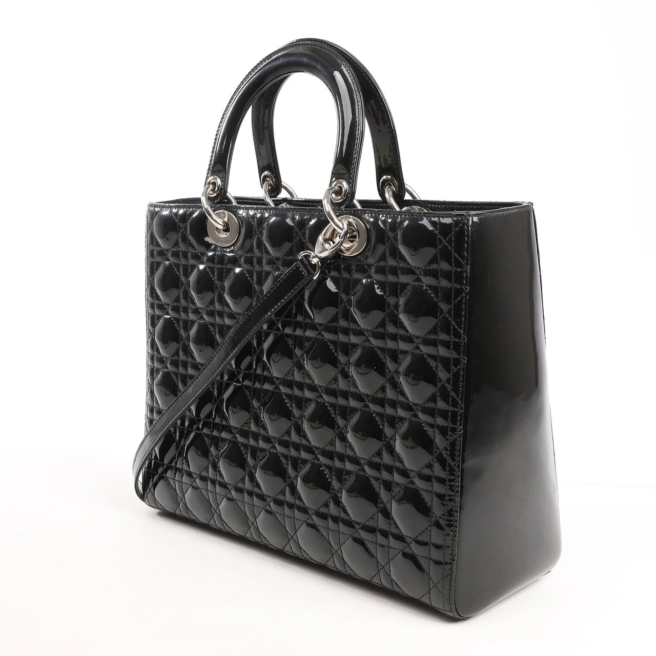 Dior Dior Lady Dior Large Patent Leather Cannage 2Way Handbag in Black Zwart