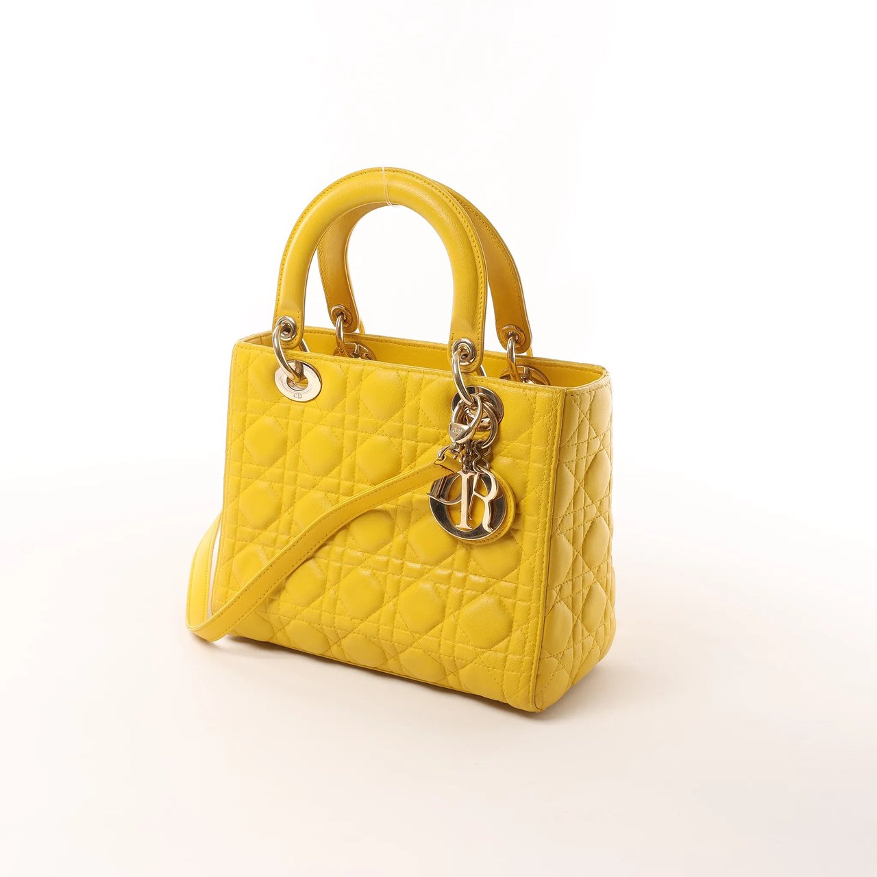 Dior Dior Lady Dior Cannage Leather 2Way Handbag in Yellow Geel