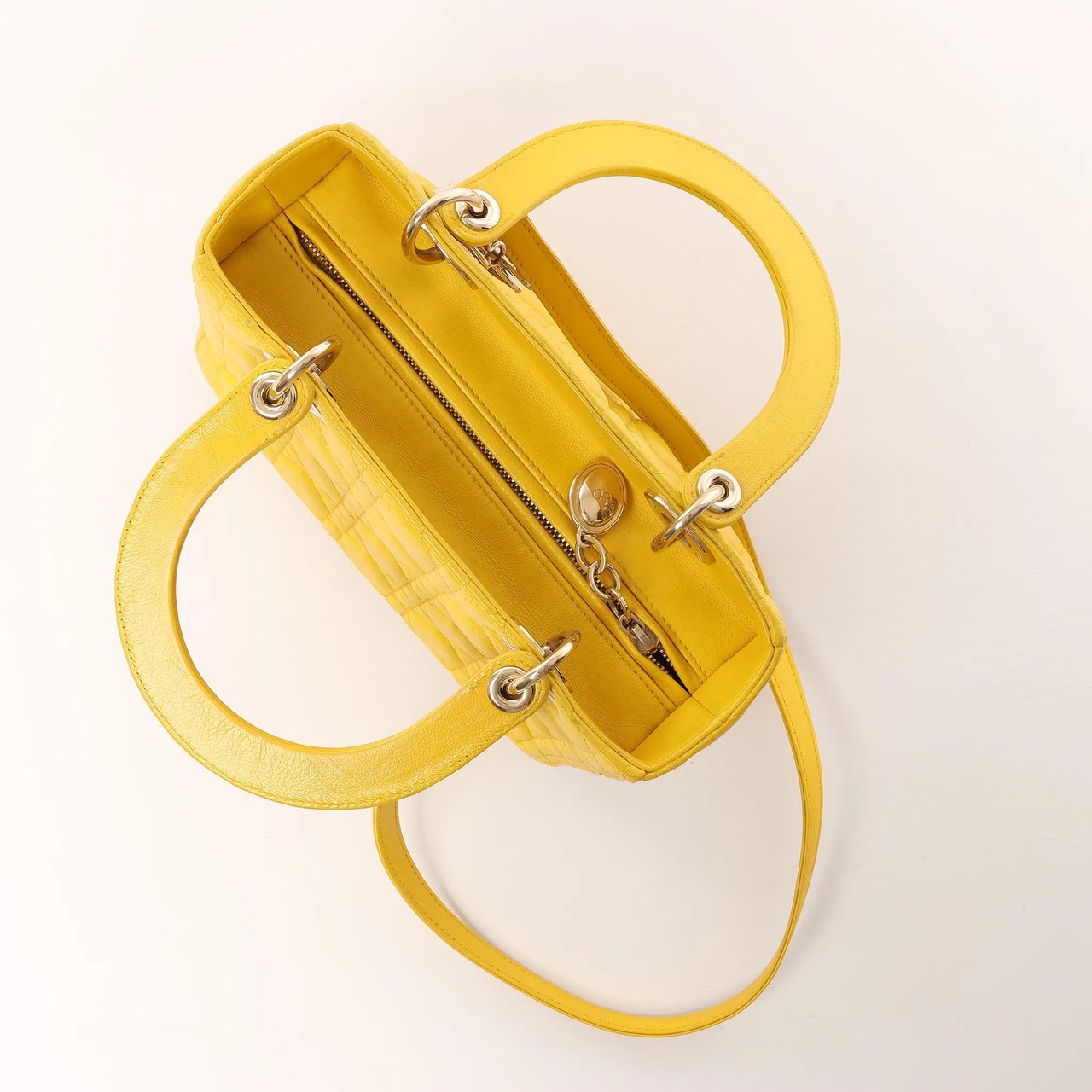 Dior Dior Lady Dior Cannage Leather 2Way Handbag in Yellow Geel