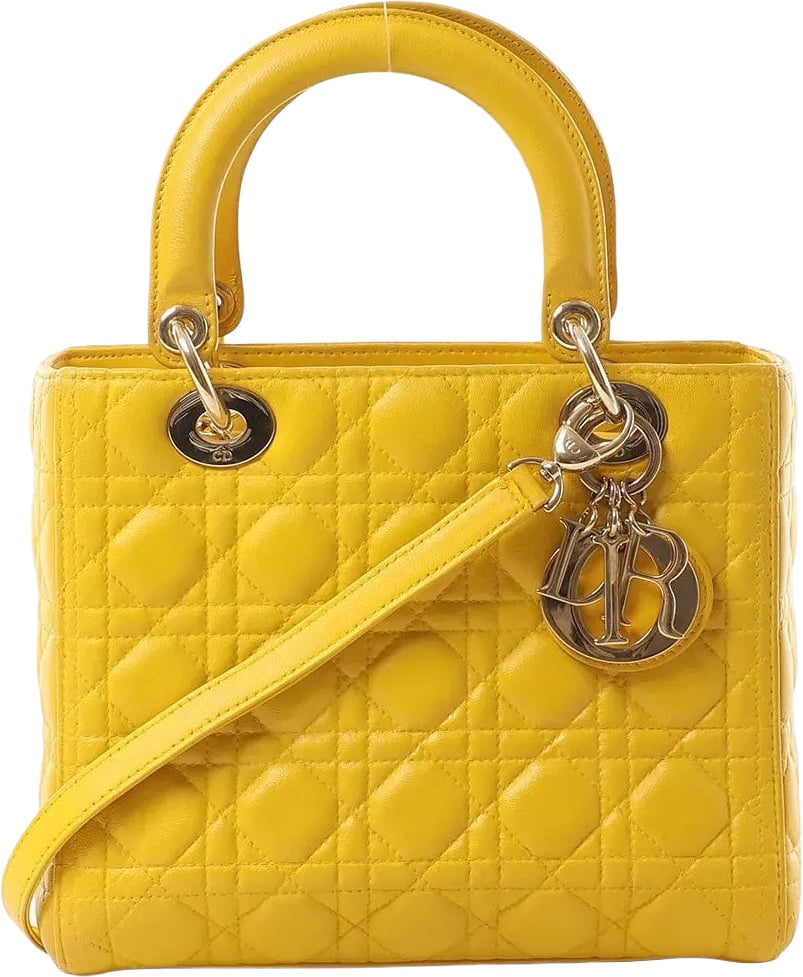 Dior Dior Lady Dior Cannage Leather 2Way Handbag in Yellow Geel