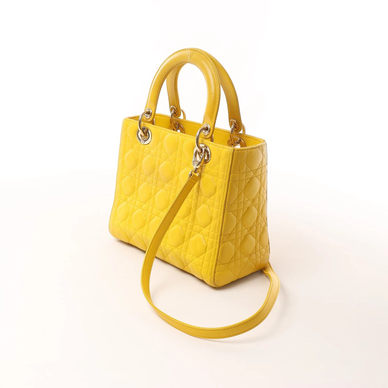 Dior Dior Lady Dior Cannage Leather 2Way Handbag in Yellow Geel