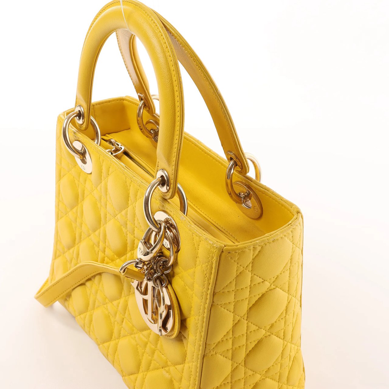 Dior Dior Lady Dior Cannage Leather 2Way Handbag in Yellow Geel