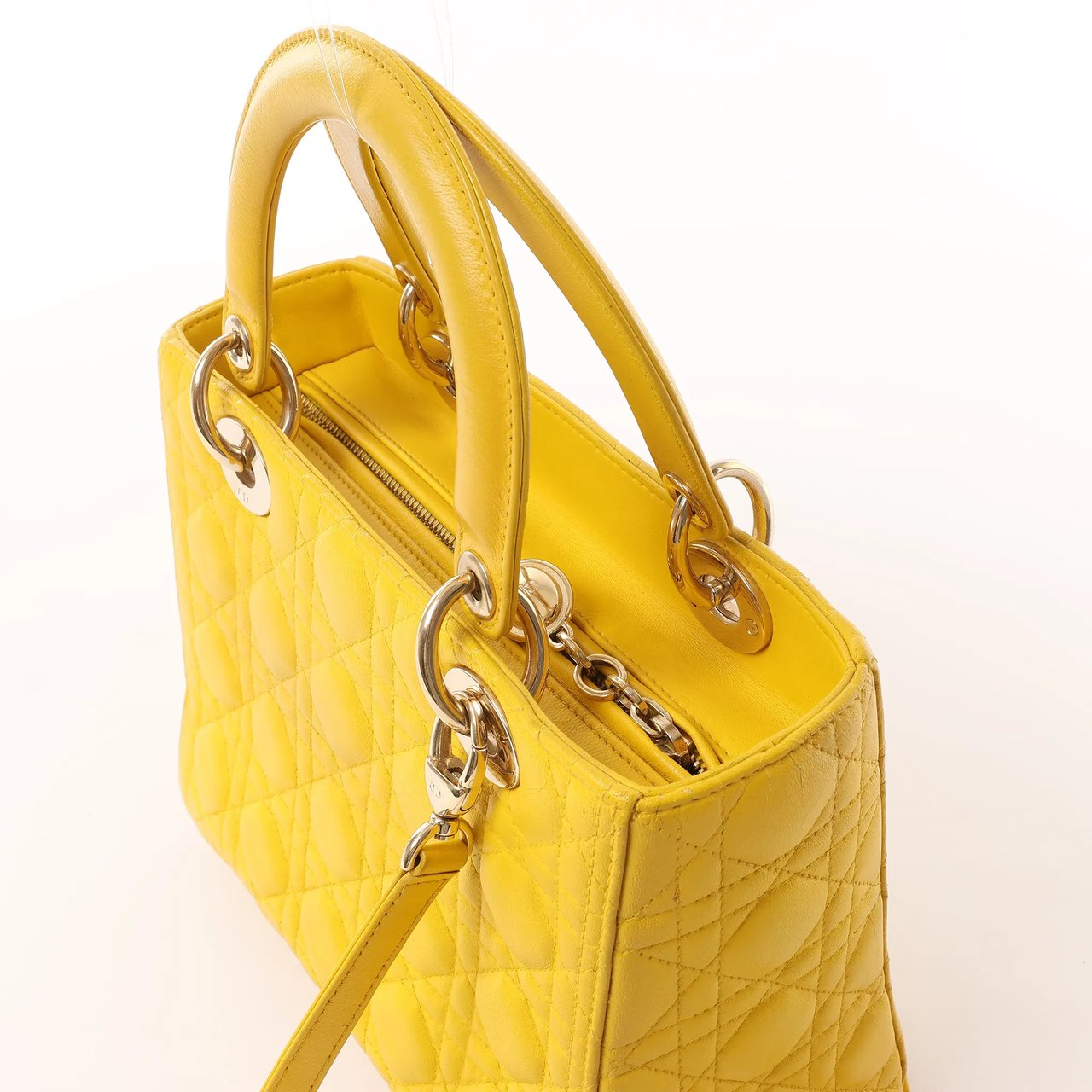 Dior Dior Lady Dior Cannage Leather 2Way Handbag in Yellow Geel