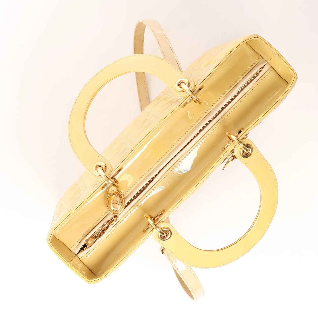 Dior Dior Lady Dior Patent Leather Cannage Large 2Way Handbag in Yellow Geel